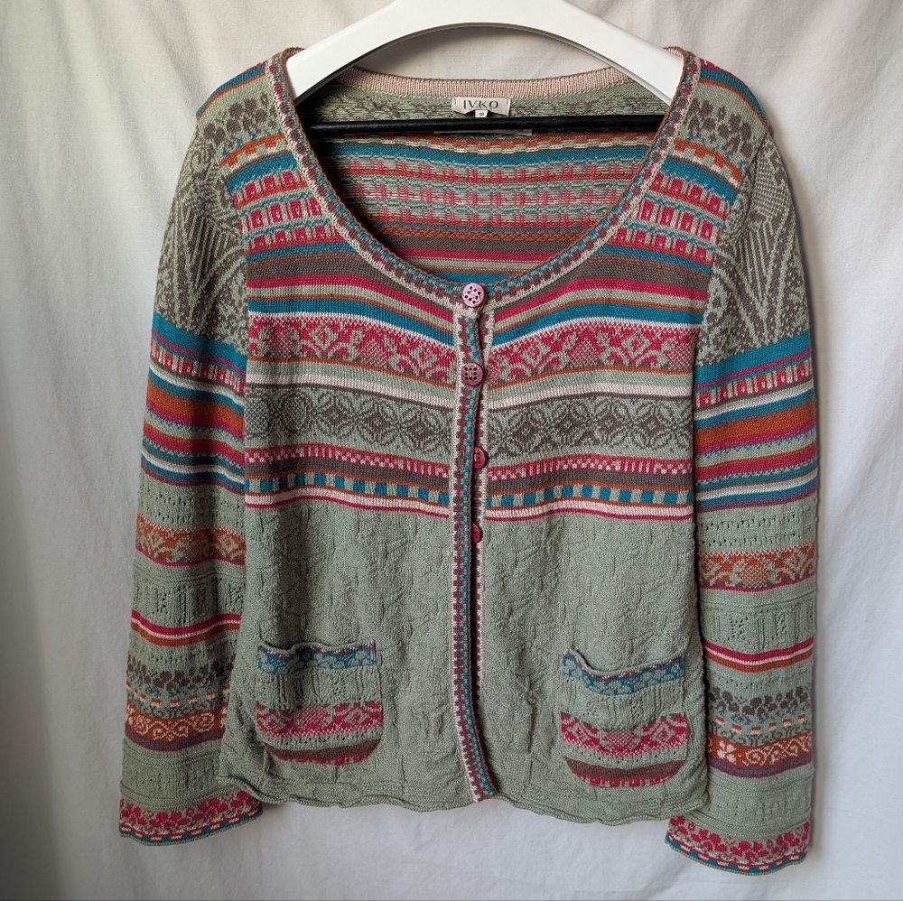 IVKO 38 Medium Women Jacquard Cardigan Sweater 100% Cotton Green Multi Fair Isle